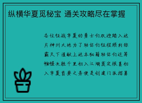 纵横华夏觅秘宝 通关攻略尽在掌握